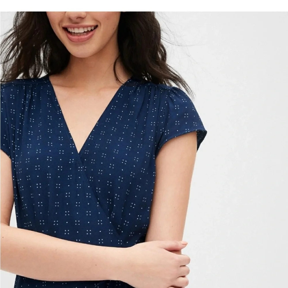 Gap Women’s Navy Blue Dot Print Short Sleeve Full Maxi Wrap Dress Tie Waist Med - Picture 4 of 16